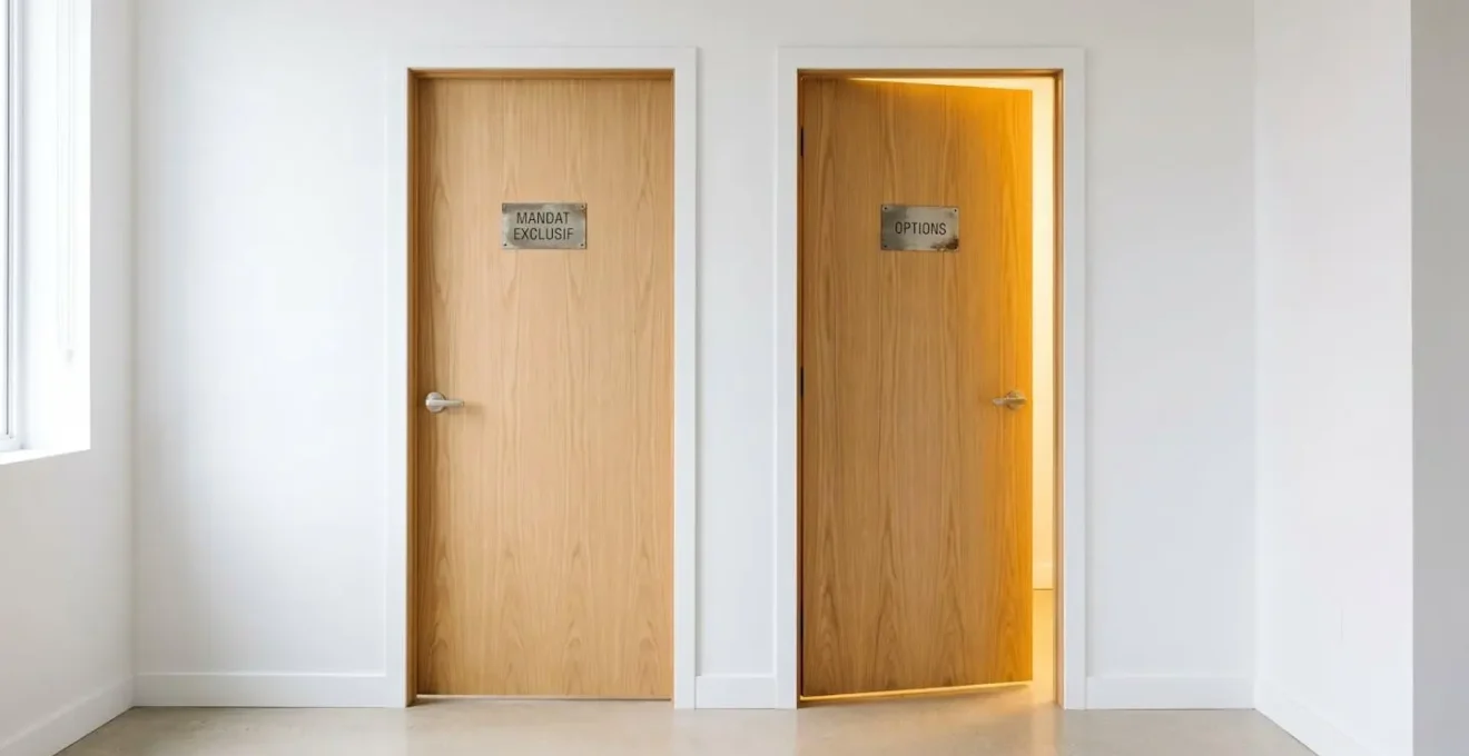 Deux portes en bois dans un couloir blanc, l'une fermée avec pancarte Mandat Exclusif, l'autre entrouverte avec lumière dorée symbolisant les options du vendeur