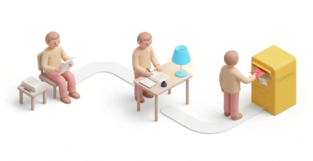 Illustration 3D isométrique montrant la procédure de résiliation d'un mandat immobilier en 3 étapes : lecture du contrat, rédaction de la lettre et envoi recommandé