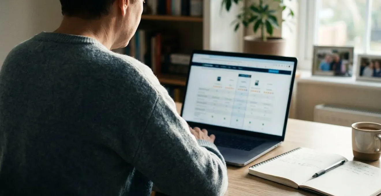 Vue par-dessus épaule d'une personne consultant sur ordinateur portable une grille comparative d'agences immobilières avec critères visibles