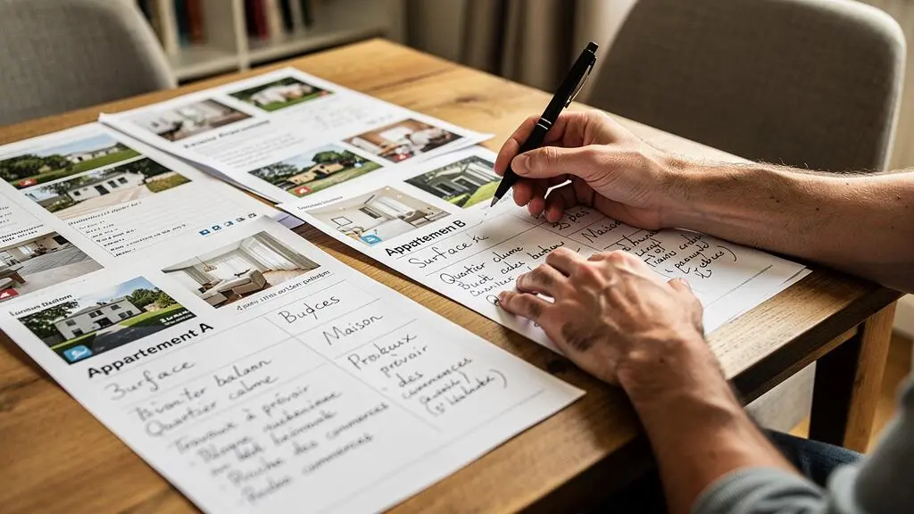 Mains d'une personne analysant et comparant des annonces immobilières imprimées avec des notes manuscrites sur une table