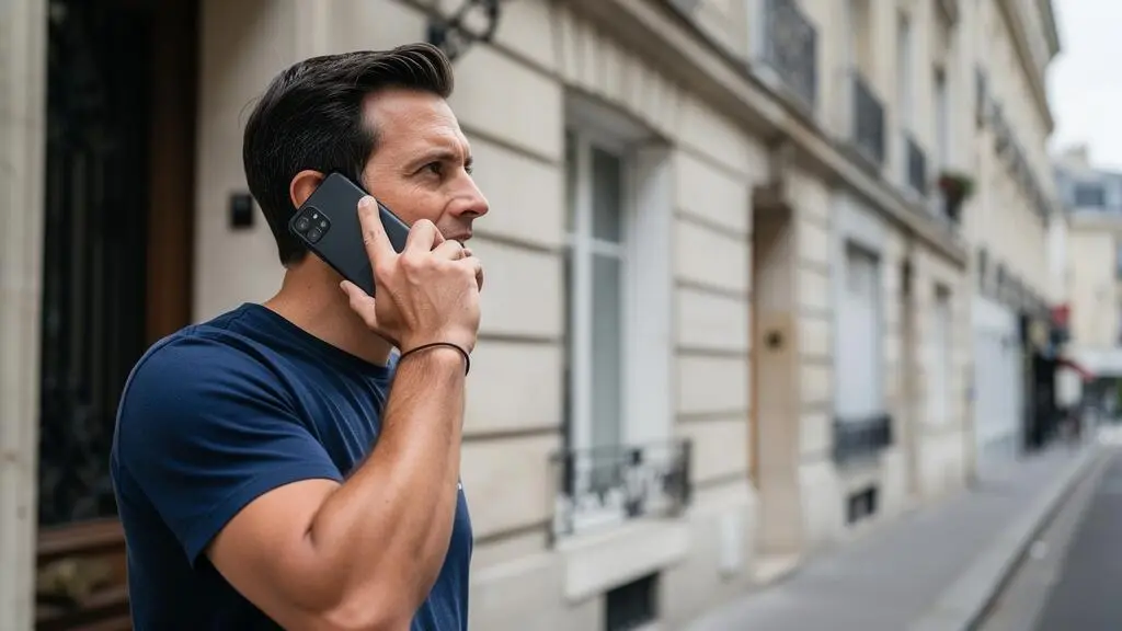 Personne téléphonant devant un immeuble résidentiel français après une visite immobilière