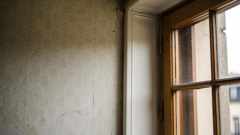 Détail d'un intérieur d'appartement français montrant un papier peint vieilli et une fenêtre traditionnelle en bon état structurel