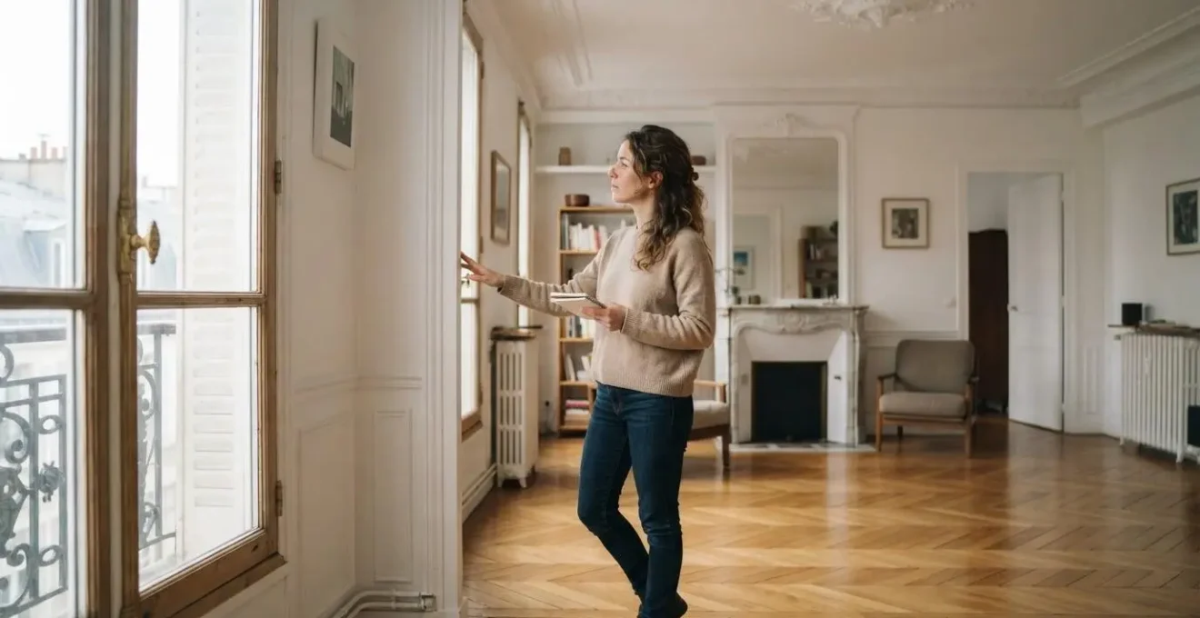 Personne visitant et inspectant l'intérieur d'un appartement résidentiel français lors d'une recherche immobilière