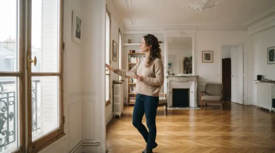 Personne visitant et inspectant l'intérieur d'un appartement résidentiel français lors d'une recherche immobilière
